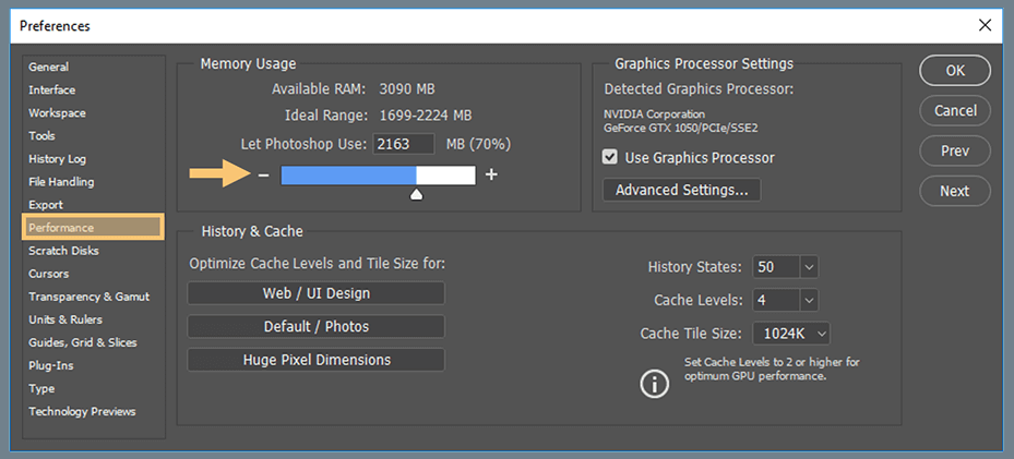 Increase RAM Capacity in Photoshop Settings
