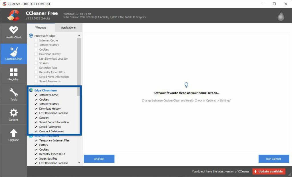 Clean Microsoft Edge history using CCleaner