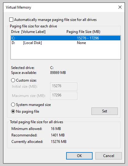 Disable Automatically Manage Paging File Size