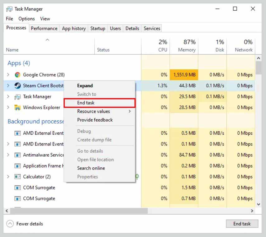 End Steam Process Using Windows Task Manager