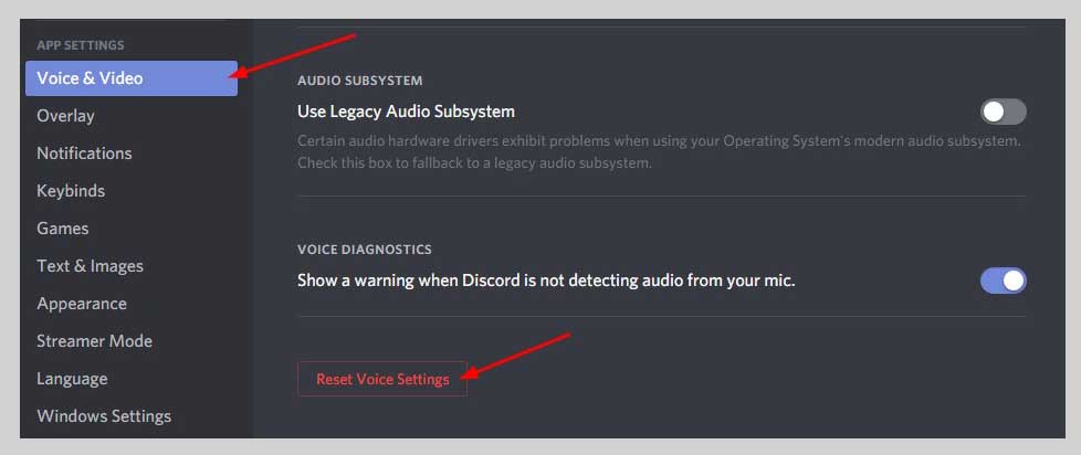 Reset voice settings button