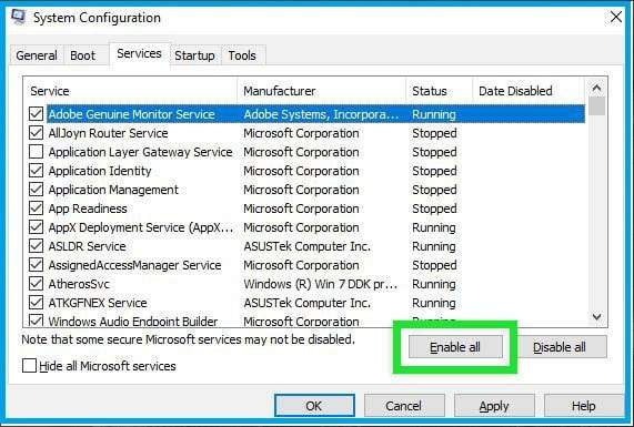 Ensure All Windows Services (System Configuration) Are Running