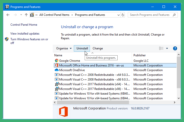 uninstall and reinstall word 2016