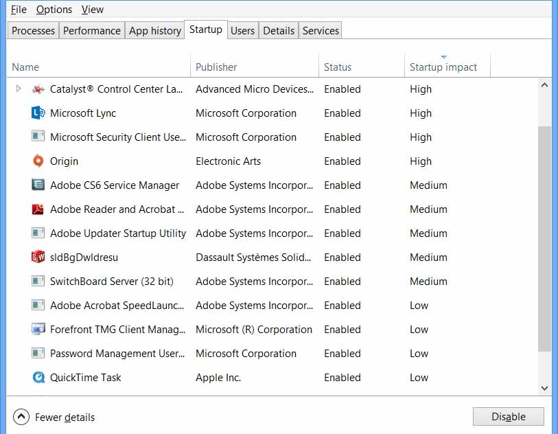 Disable applications and services in the task manager