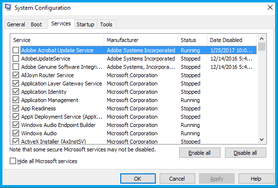 Hide all Microsoft services and disable services