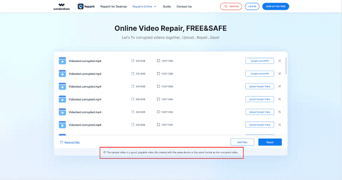 add a sample video to repairit online